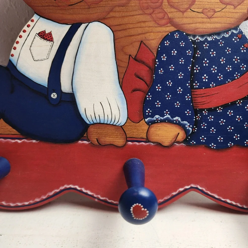 Vintage Wooden Raggedy Ann & Andy Wall Hanger Shelf Red Blue Hearts Rustic Decor